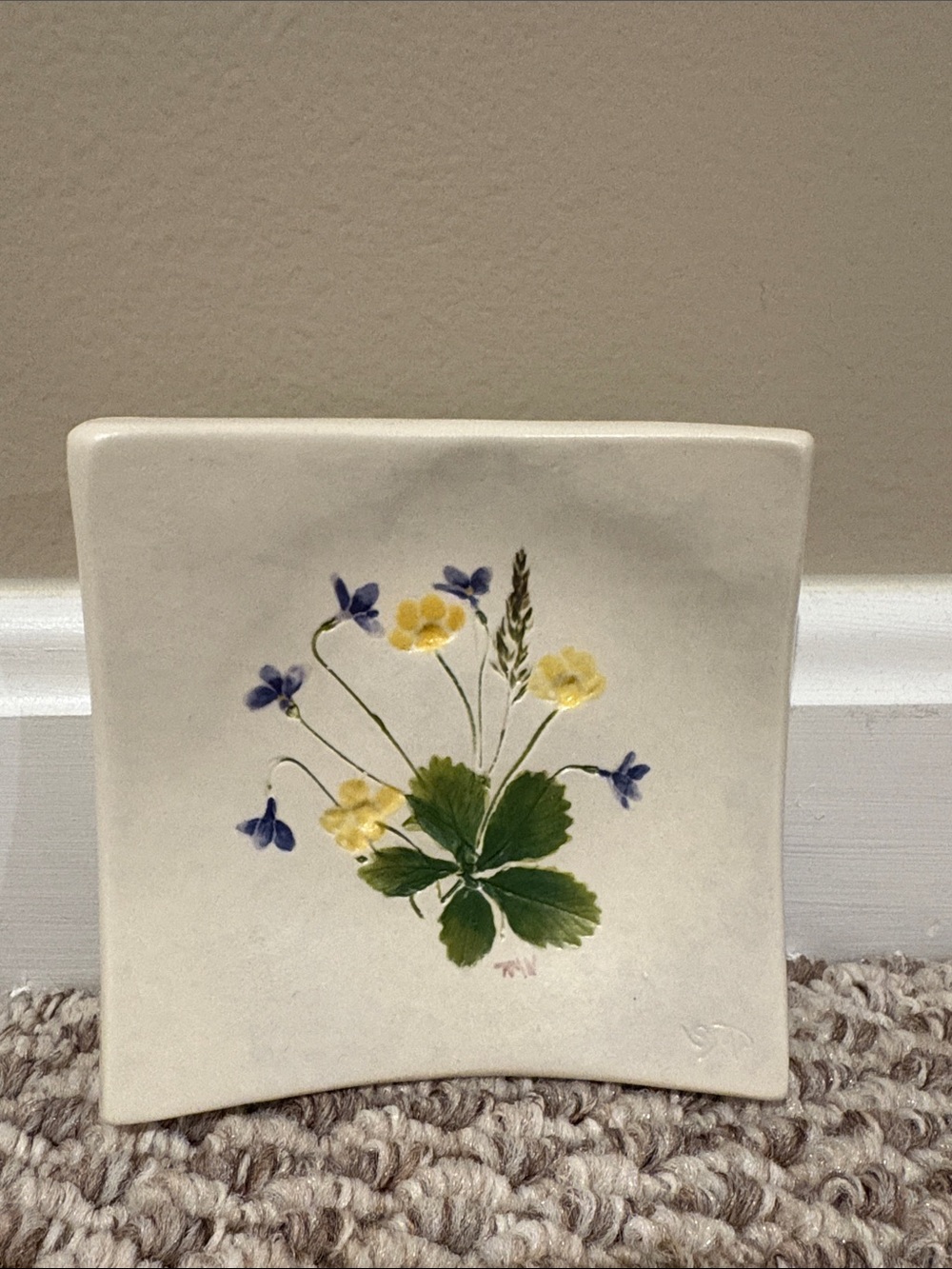 Hand-Painted White Ceramic Floral Plate with Yellow and Blue Flowers